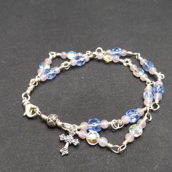 Handmade Wire Wrapped 2 Strand Bracelet, Cross Charm - Picture 4 of 10